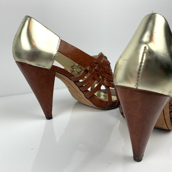 MISS SIXTY Leather Brown & Gold Sandal Cone Heels - Picture 7 of 13